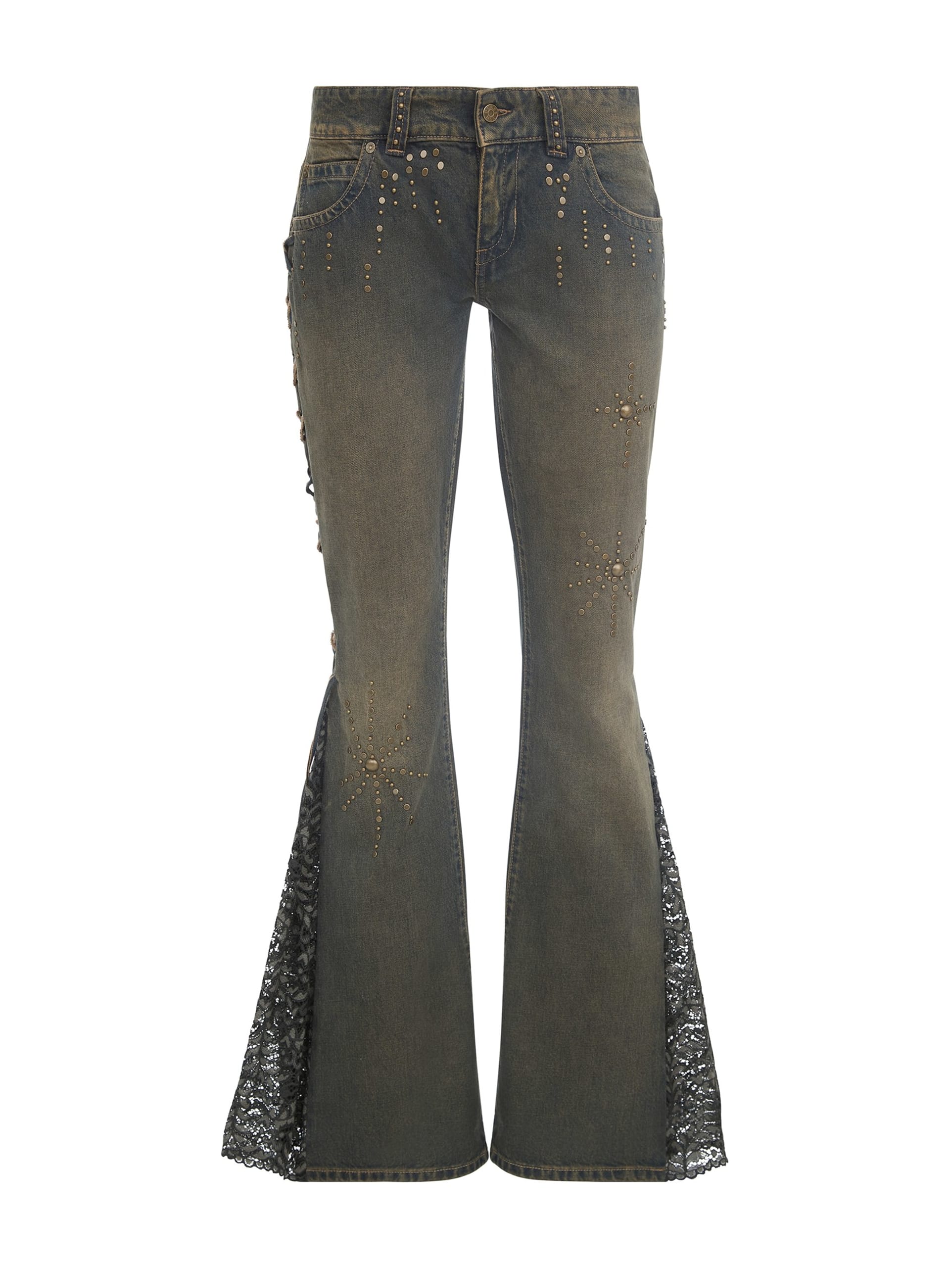 calça jeans flare com renda
