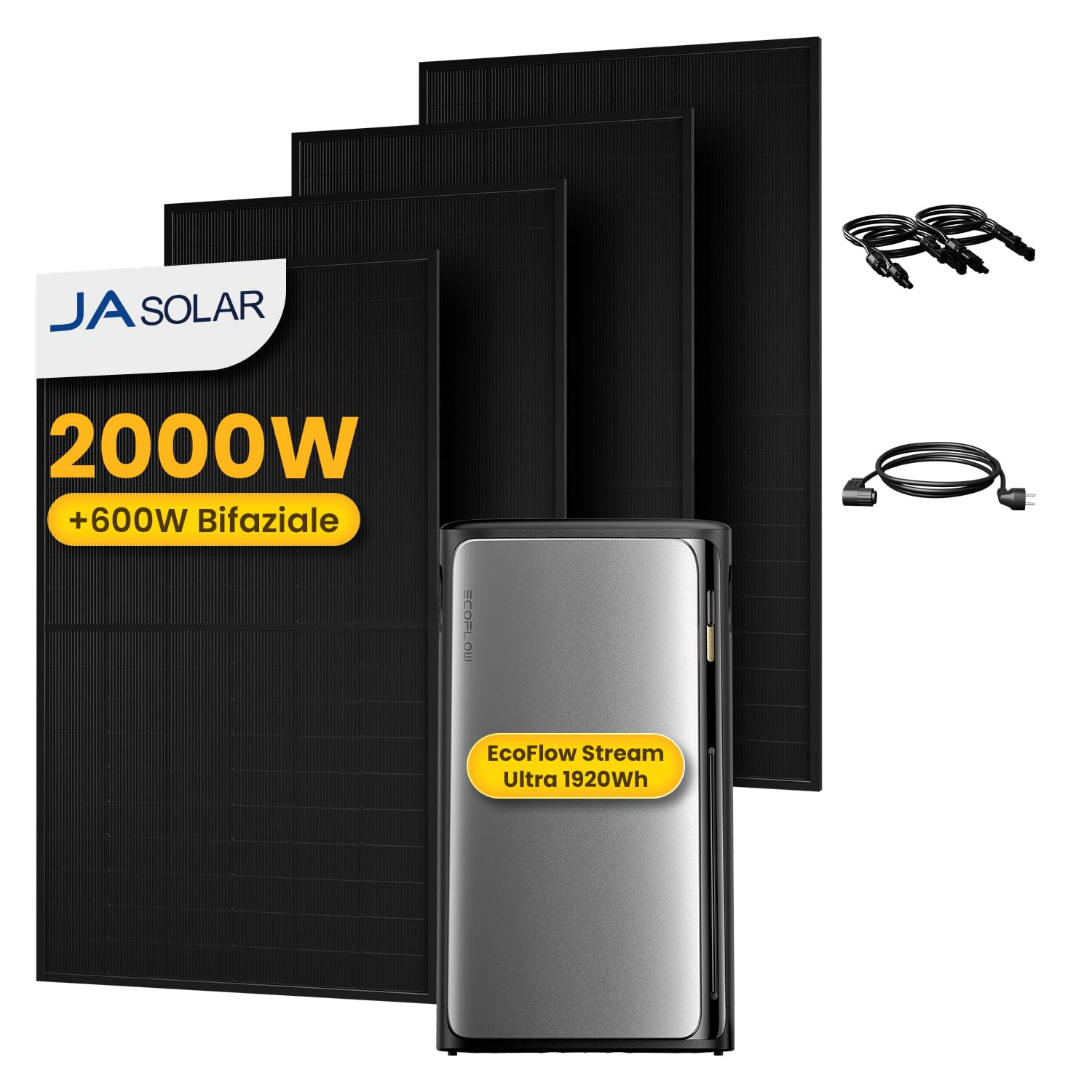 All in One 2000W Balkonkraftwerk mit Speicher 1920Wh, ECOFLOW STREAM Ultra mit 4 MPPT, Zubehör Komplettset, 4×500W JASolar Full Black Bifaziale Solarmodule, Plug&Play (0% MwSt)