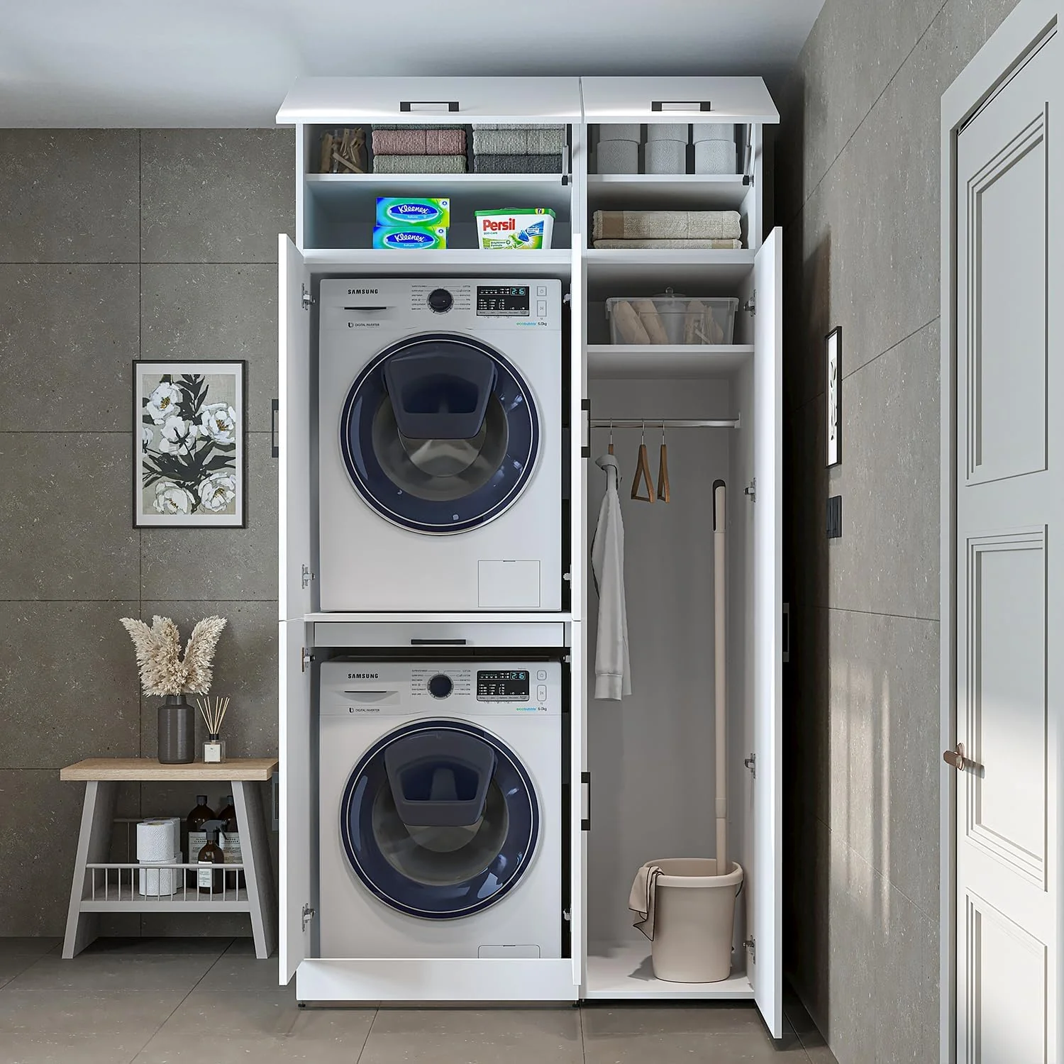 ROOMART Dora - Armoire de machine à laver - Pour sèche-linge et machine à laver - En 4 couleurs - Avec portes et panneau coulissant - Blanc - Chêne blanc - Chêne anthracite - Chêne blanc (chêne blanc)