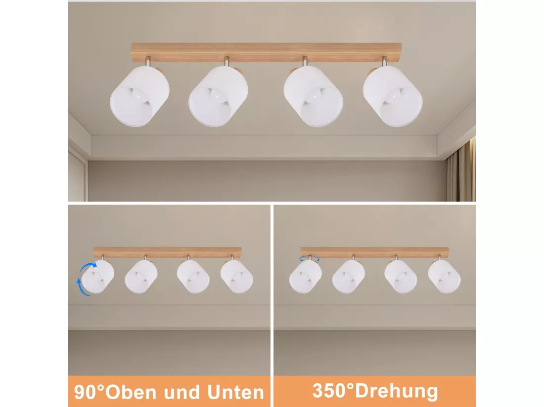 NETTLIFE 4 Spots de plafond salon bois moderne E14 pivotants à 350°MAX.25W lampe écran en tissu pour chambre cuisine couloir (sans ampoule)