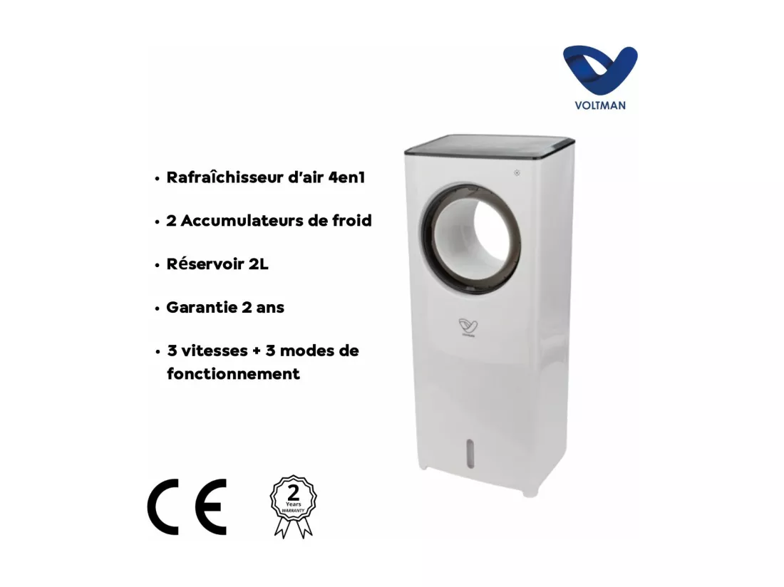 Rafraîchisseur d'air 4en1 humidificateur et purificateur - 80W - Blanc - réservoir 2L - Voltman