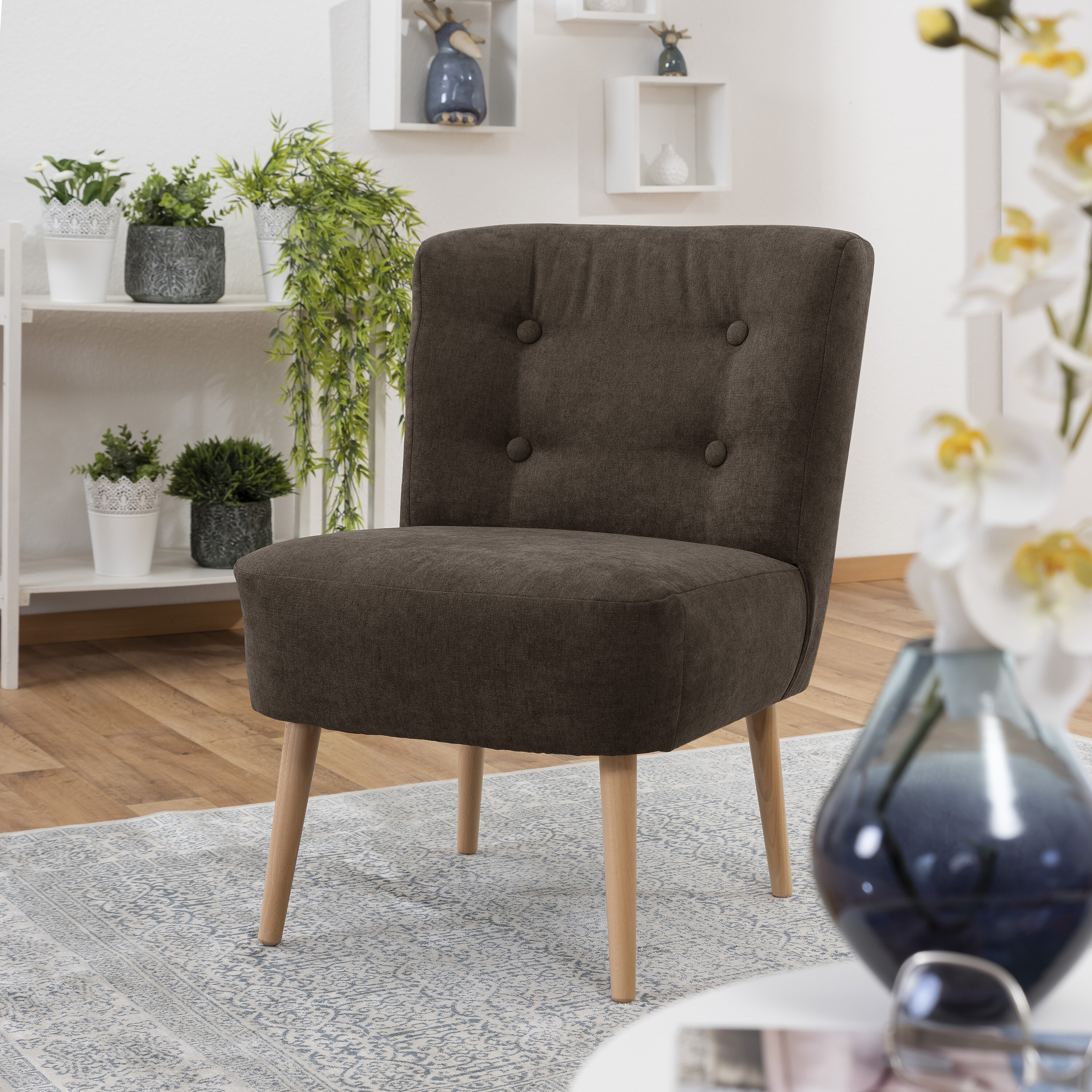 lovingHome® Sessel Fiola Velours schoko Polstersessel Stuhl Relaxsessel Füße Buche natur mittlere Sitzhärte