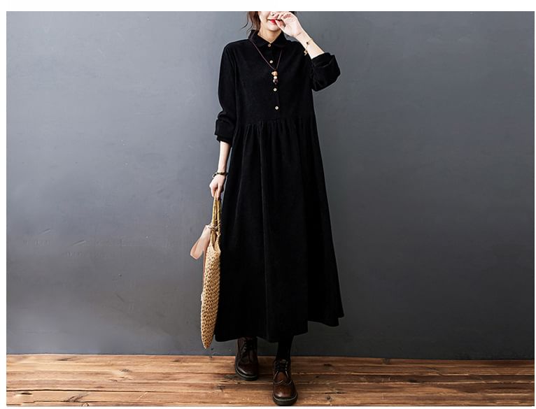 Lucuna - Lange mouwen, kraag, effen corduroy midi-lijn jurk