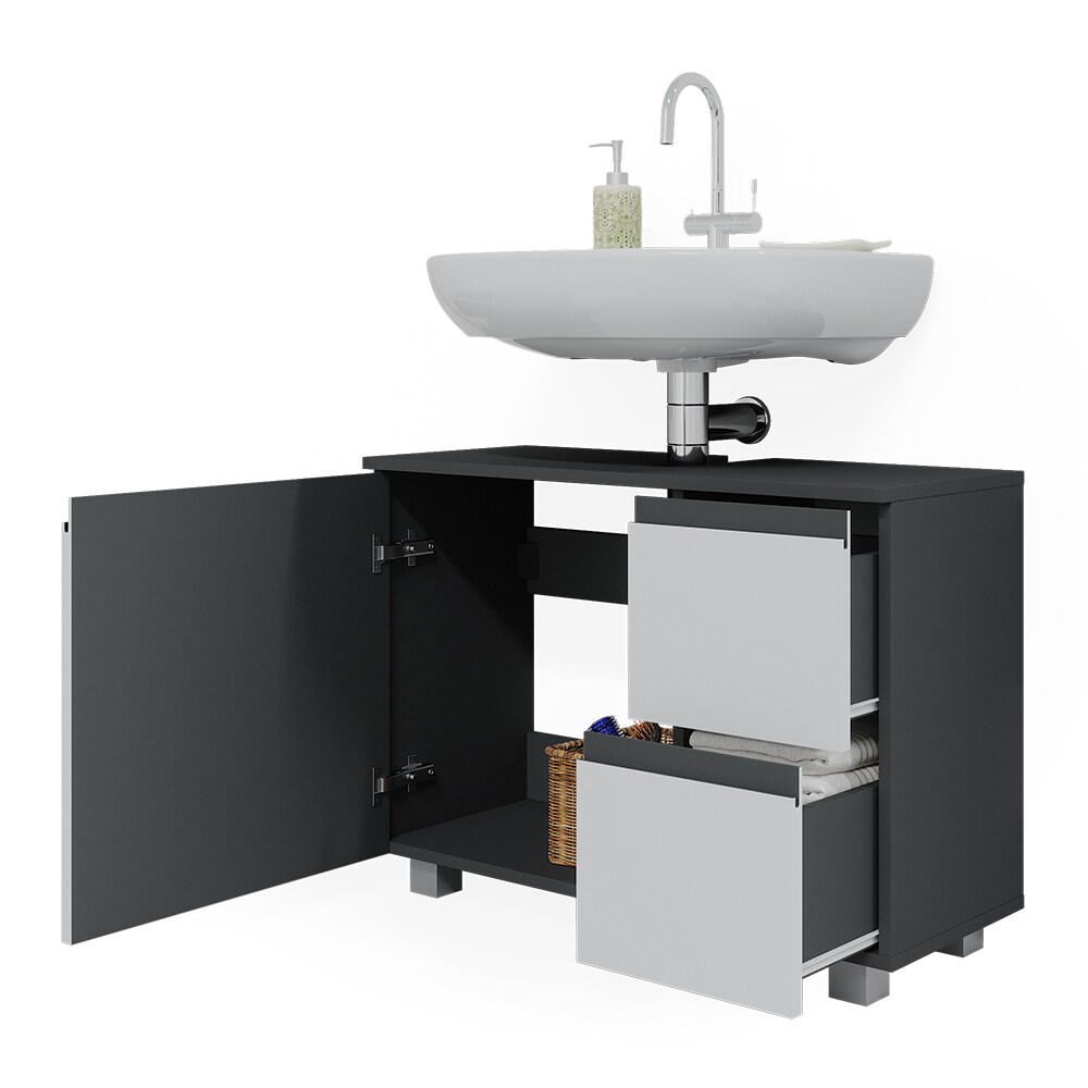 Vicco Waschtischunterschrank Waschbeckenunterschrank Badschrank J-shape Anthrazit Weiß modern 80x61cm Badezimmer Schrank Badmöbel Schranktür Schrankschublade Aufbewahrung