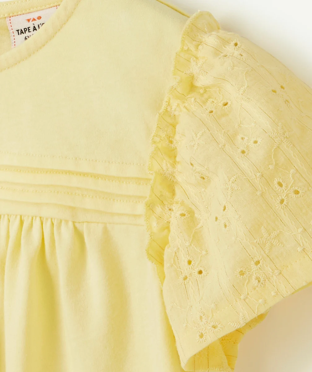 T-SHIRT FILLE EN COTON JAUNE AVEC BRODERIE ANGLAISE