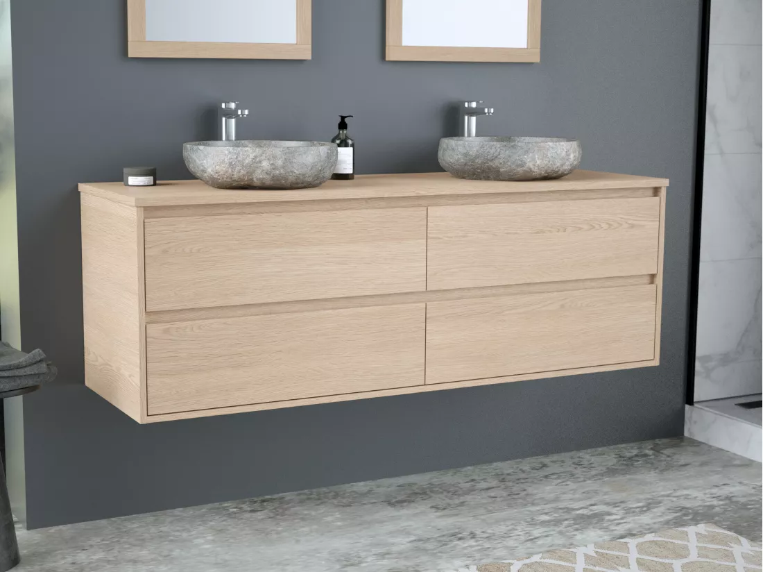 Meuble de salle de bain suspendu avec double vasque à poser en pierre - Placage chêne - 150 cm - MILIPAM