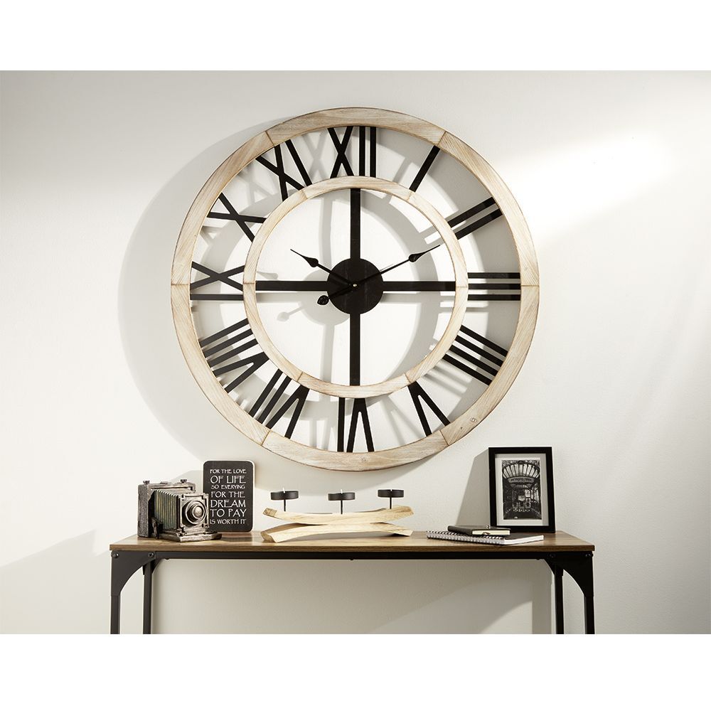 Grande horloge en métal et bois Ø90 cm