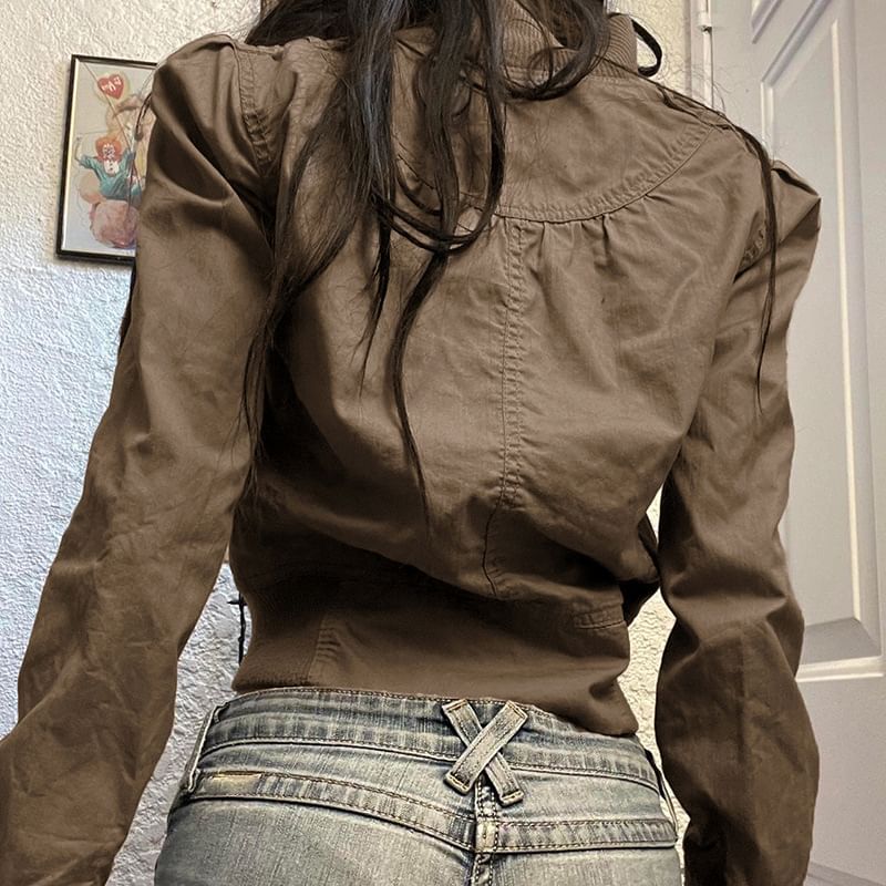 BrickBlack - Hoge kraag, effen cropped jack met rits