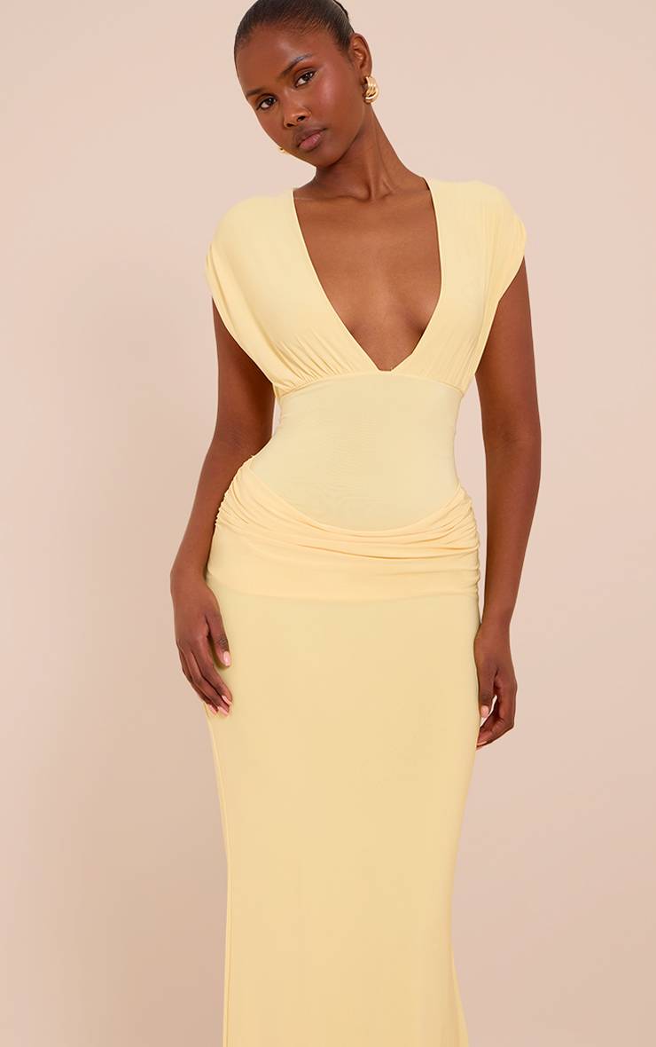 Citron Robe Longue Drapée À Double Couche Avec Décolleté Plongeant Et Épaules Froncées