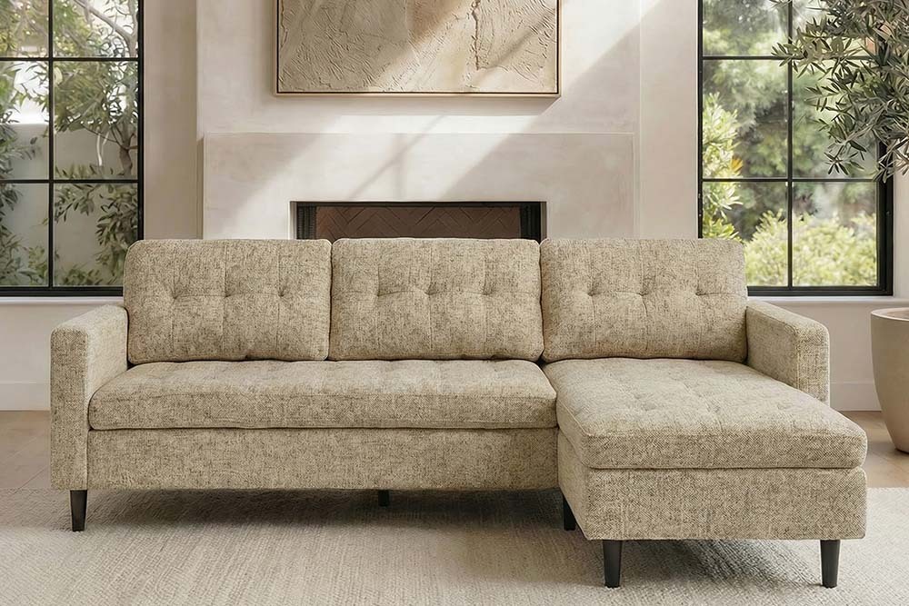 Modernes Ecksofa STOCKHOLM 220cm beige cozy Veloursstrickstoff Federkern 3-Sitzer-Sofa