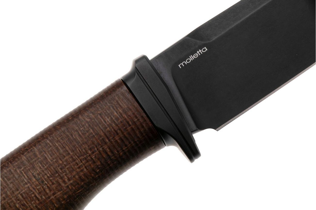 LionSteel Acha AH B BLN Blackwashed M390, Natural Burlap Micarta, Black Titanium Guard, vaststaand mes