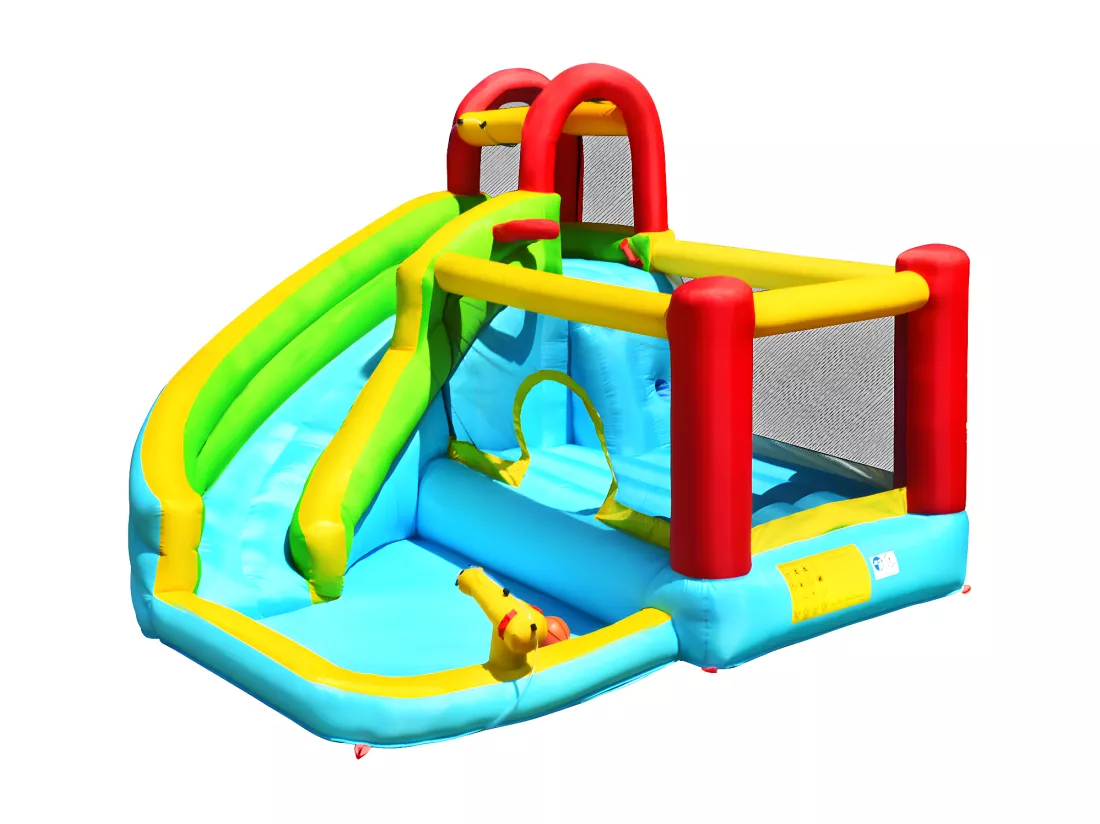 Château Gonflable Aquatique 6 en 1 avec Toboggan Incurvé, Maison de Rebond avec Mur d'escalade, Canon à Eau, Panier de Basketball, Charge 135kg pour 3 Enfants de 3-10 Ans(sans souffleur)