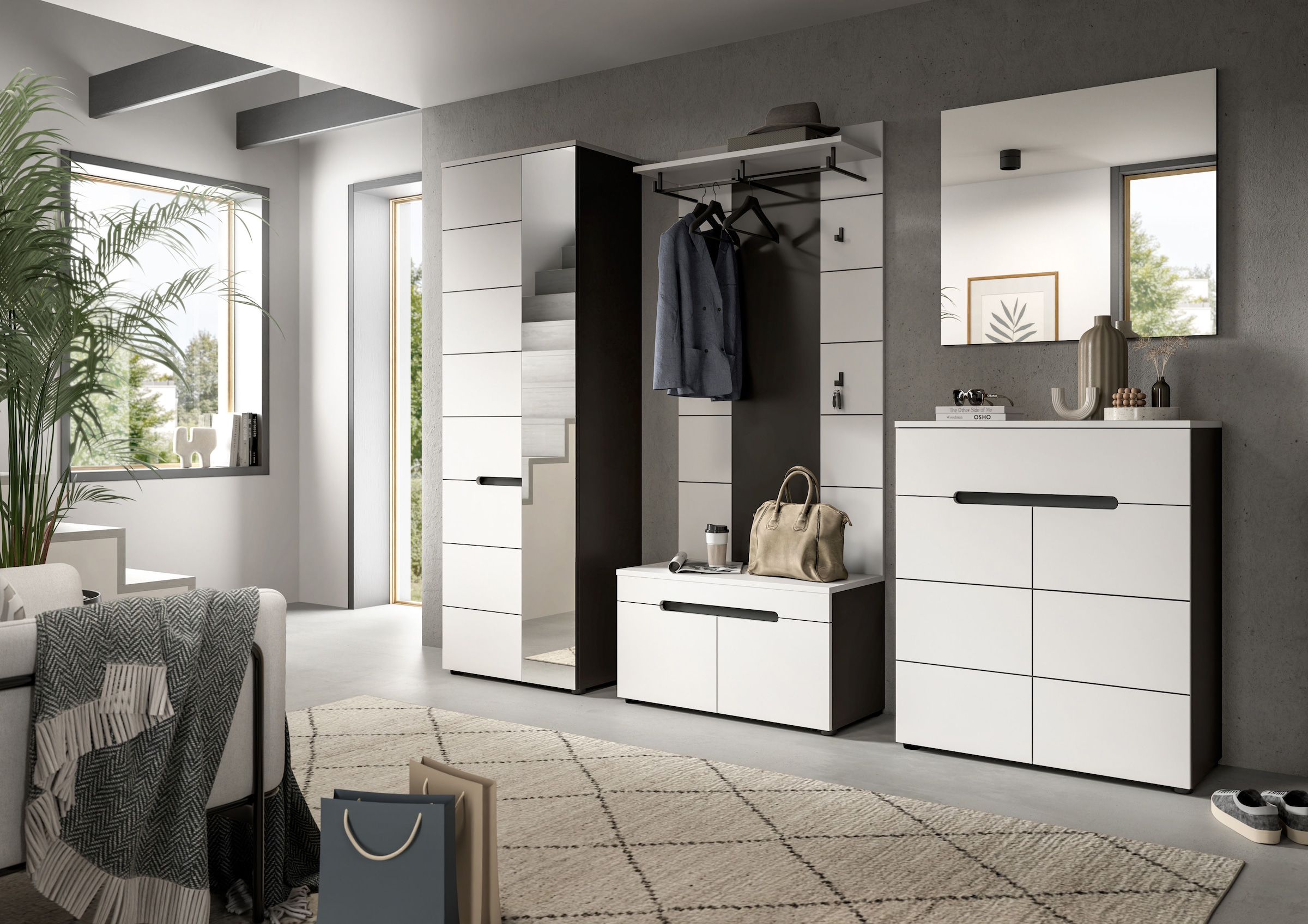 INOSIGN Garderoben-Set »REHAT, TOPSELLER!, 4-teilig, Breite 175 cm, individuell erweiterbar« Set, bestehend aus: Sitzbank, Paneel, Spiegel und Kommode, 4 Stk. tlg.