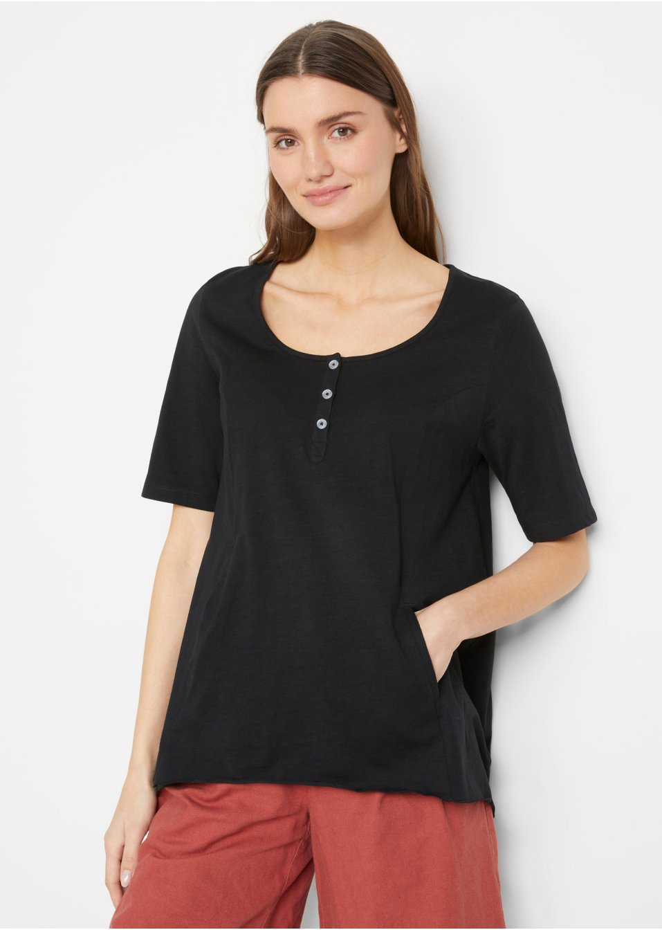 T-shirt long en coton fil flammé, avec poches