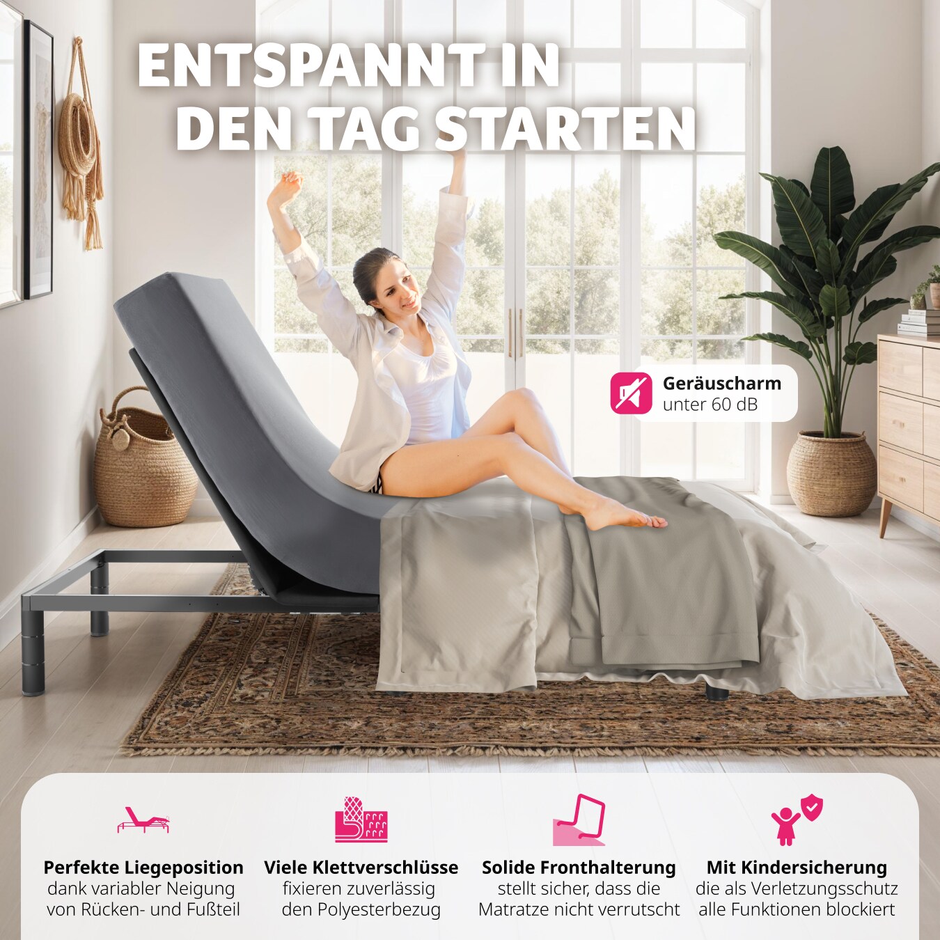 tectake® Bettgestell mit elektrisch verstellbarem Lattenrost, elektrisch verstellbares Rücken- und Fußteil, Belastbarkeit 340 kg, Polyesterbezug, 90 x 200 x 42,5 cm