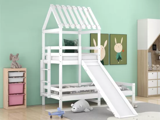 Lit superposé avec toboggan - 90x200cm + 90x100cm - en bois massif - Blanc