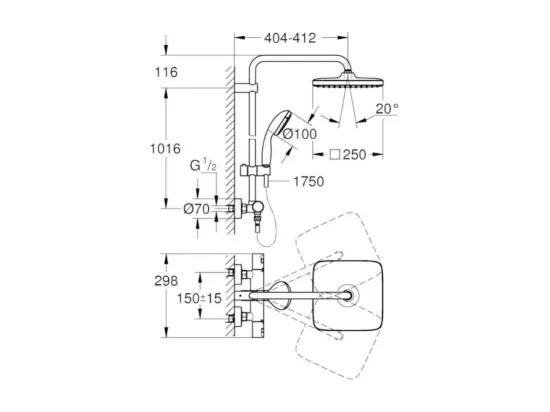 GROHE Colonne de douche avec mitigeur thermostatique Vitalio start system 250 Cube avec nettoyant GrohClean