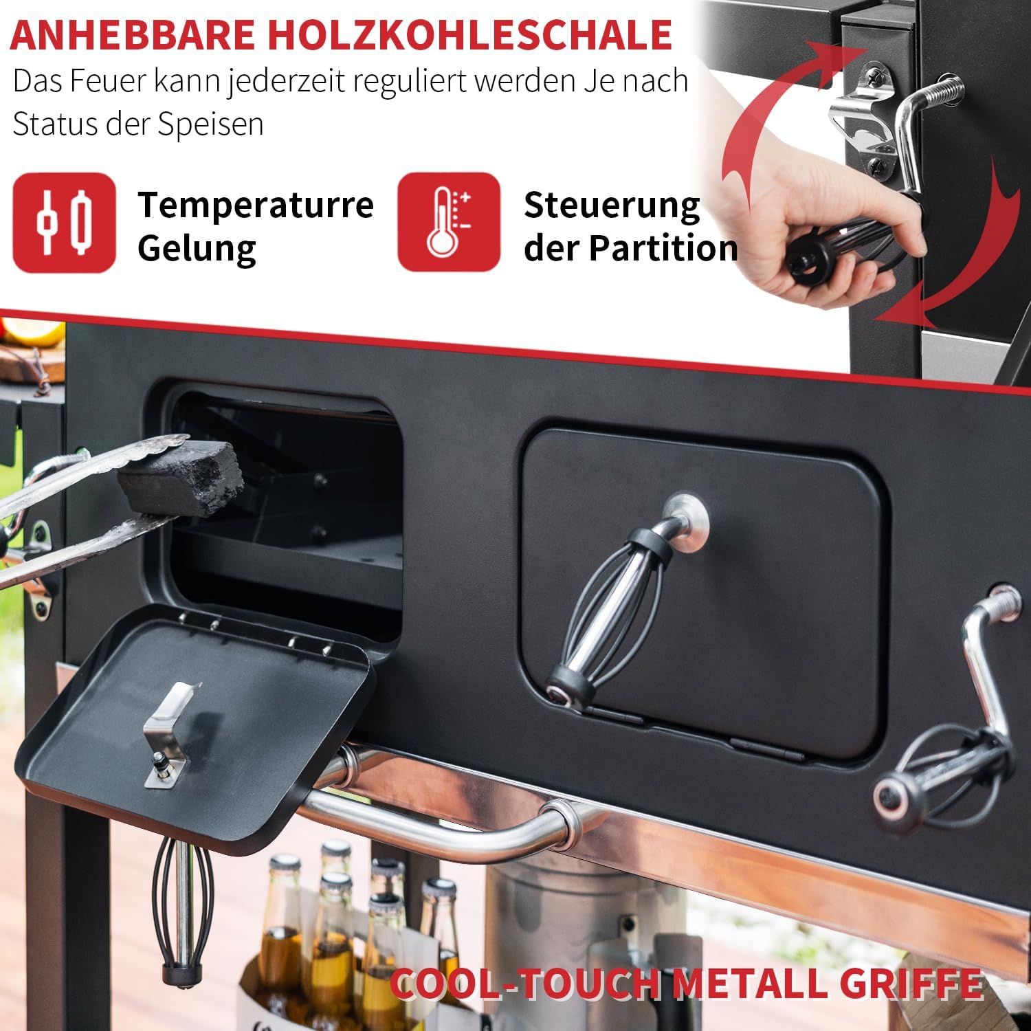 Grillwagen XXL Holzkohlegrill mit Deckel, BBQ Smoker Grill Rädern, Edelstahl-Griff, Grillrost und Thermometer, Standgrill, Kohlegrillwagen 154.5 x 89 x 122 cm