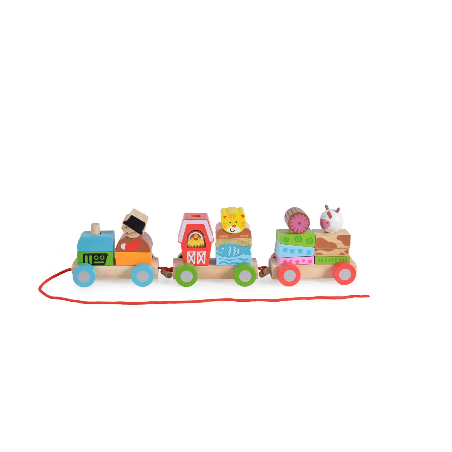 Moni Spielzeug Zug 2036, Bauernzug aus Holz, Formsortierspiel, 1 Lok, 2 Waggons bunt