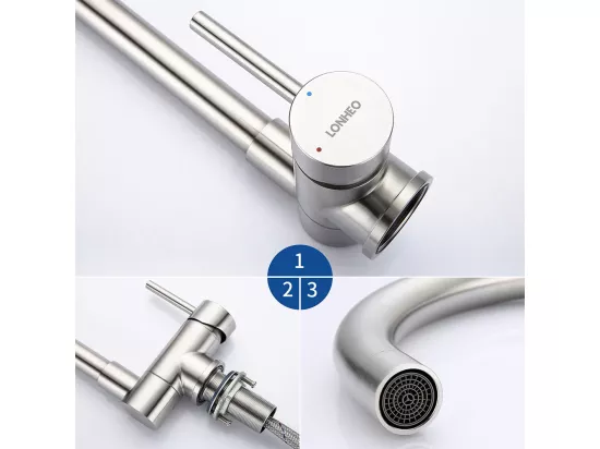 Robinet Cuisine Rabattable Mitigeur d'évier Pivotant 360°Robinetterie Inoxydable Brossé avec barboteur démotable,pour Évier contre fenêtre,EU Modèle