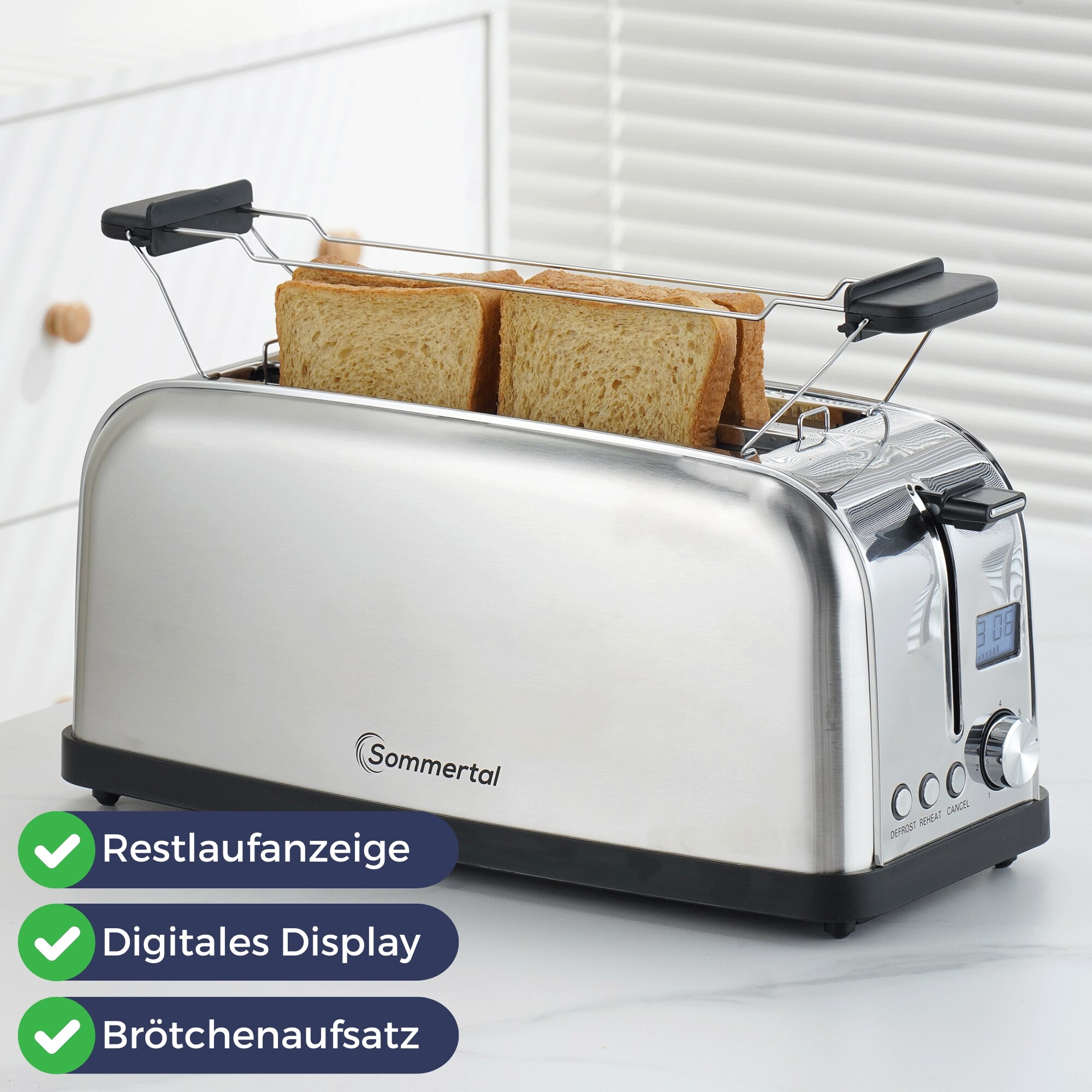 Sommertal Toaster ST1500 XXL, 4 Scheiben mit Brötchenaufsatz, Display mit Timer und Restlaufanzeige, Langschlitztoaster Restlaufzeit, Retro Design Langschlitz Edelstahl 1500W