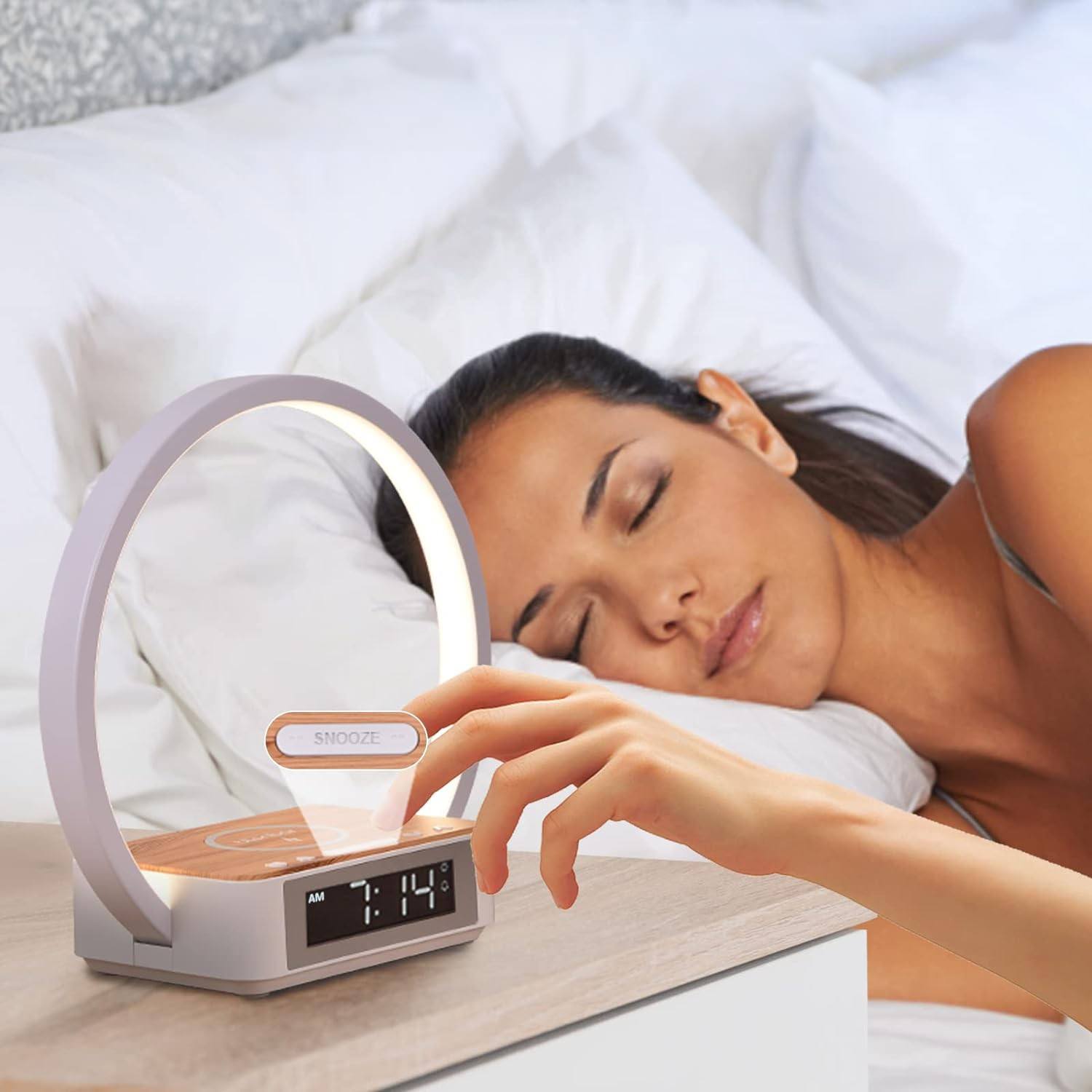 (10W) 3in1 Qi Wireless Charger Induktionsladegerät Ladestation mit LED Ringlicht   Wecker - Weiss