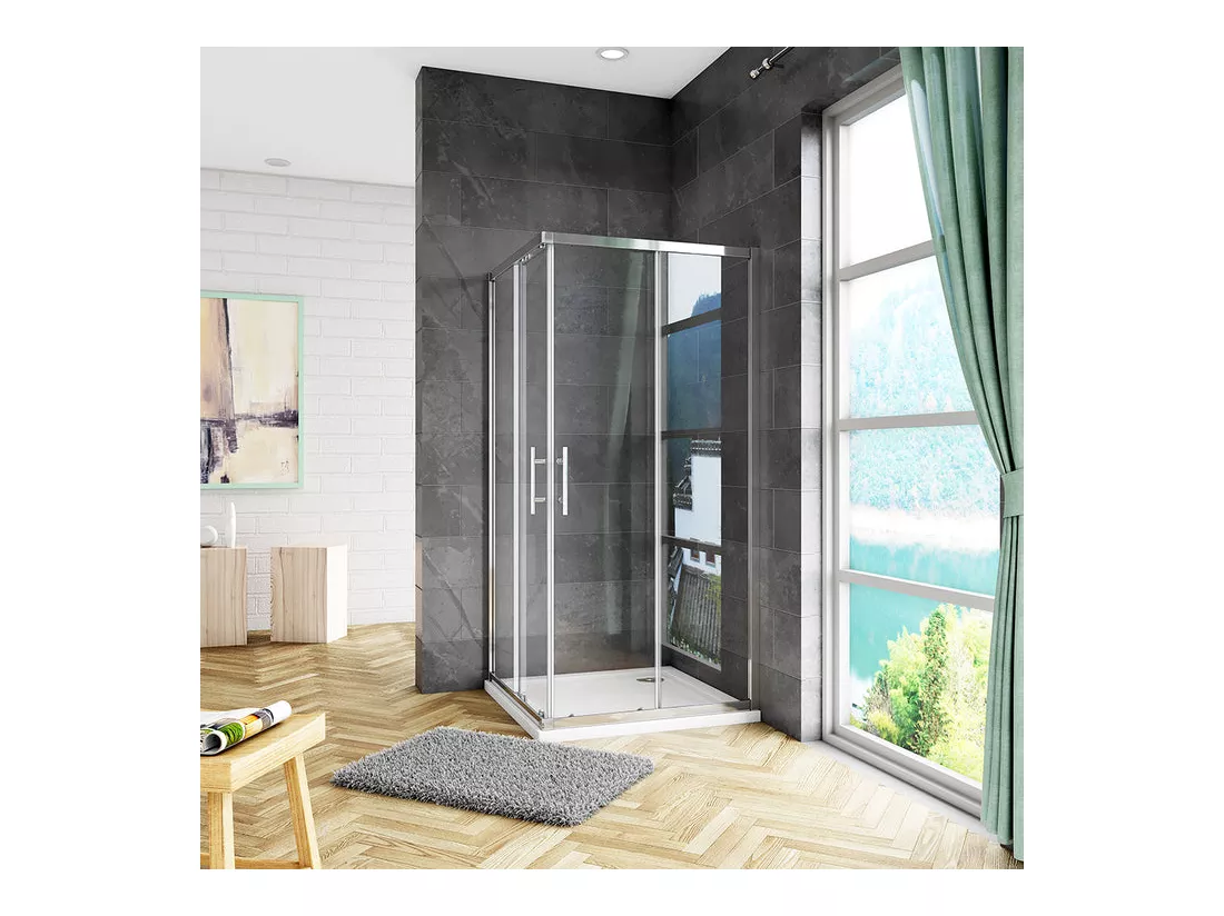 Cabine de douche 90x90x185cm accès d'angle, cabine de douche carrée porte de douche coulissante sans bac à douche