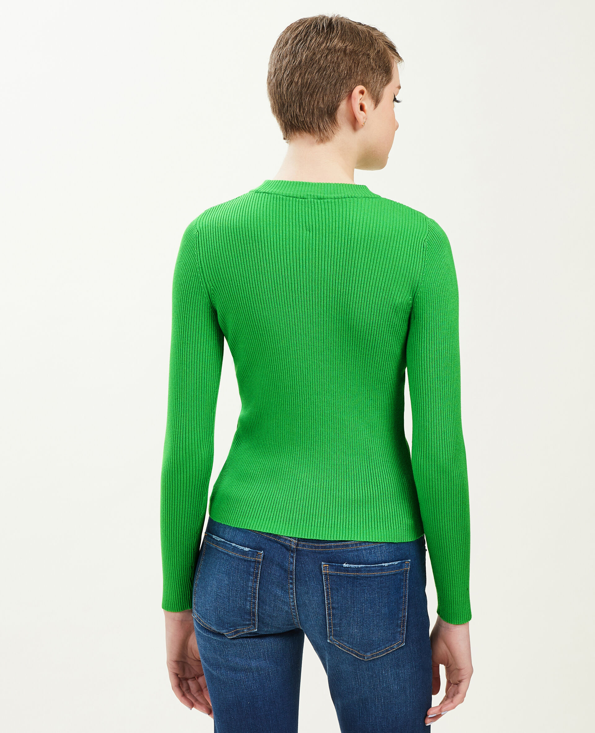 Pull col rond maille côtelée - Vert