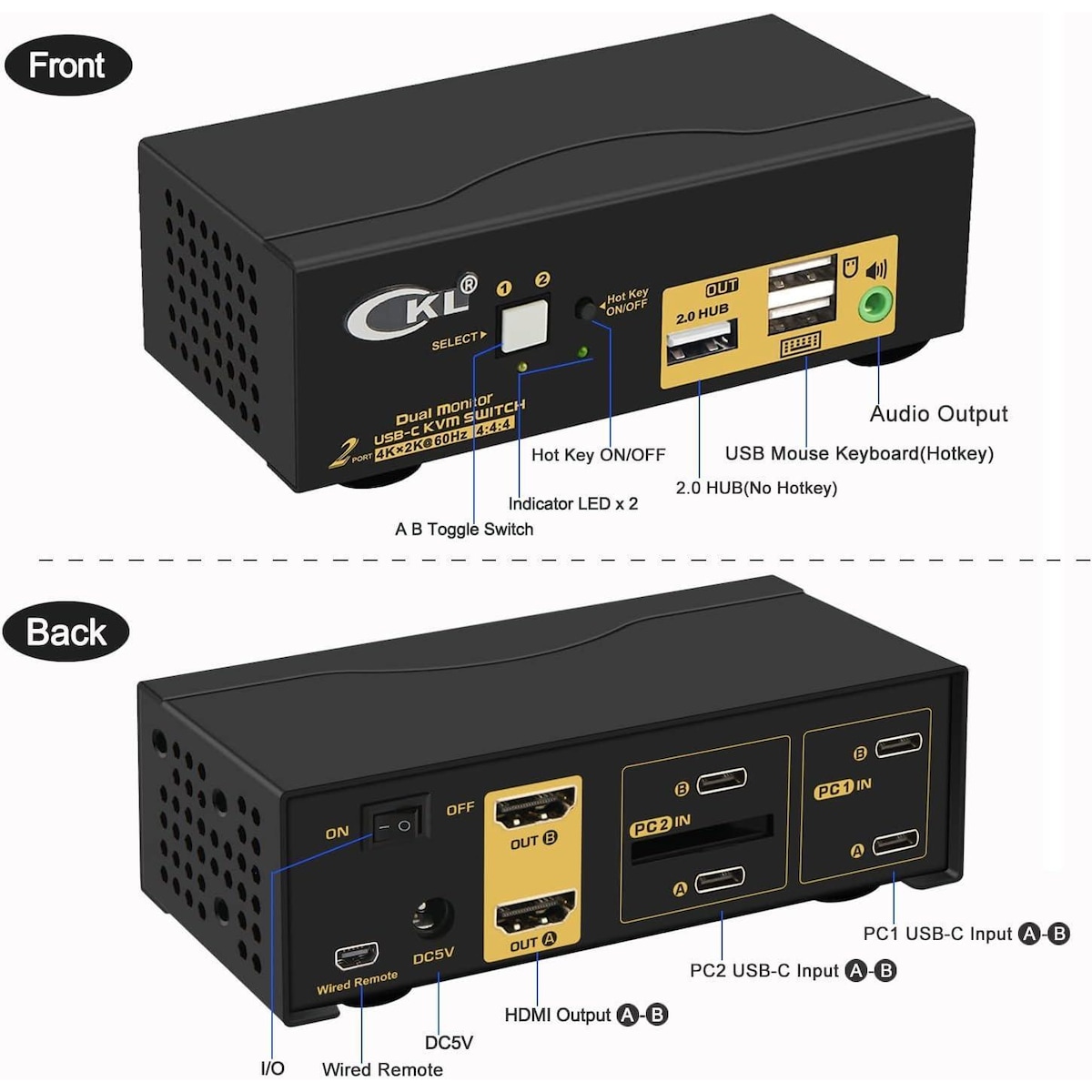 NÖRDIC KVM Switch 2 til 2 USB-C til HDMI 4K 60Hz, 3x USB-A, 2x 3,5 mm AUX