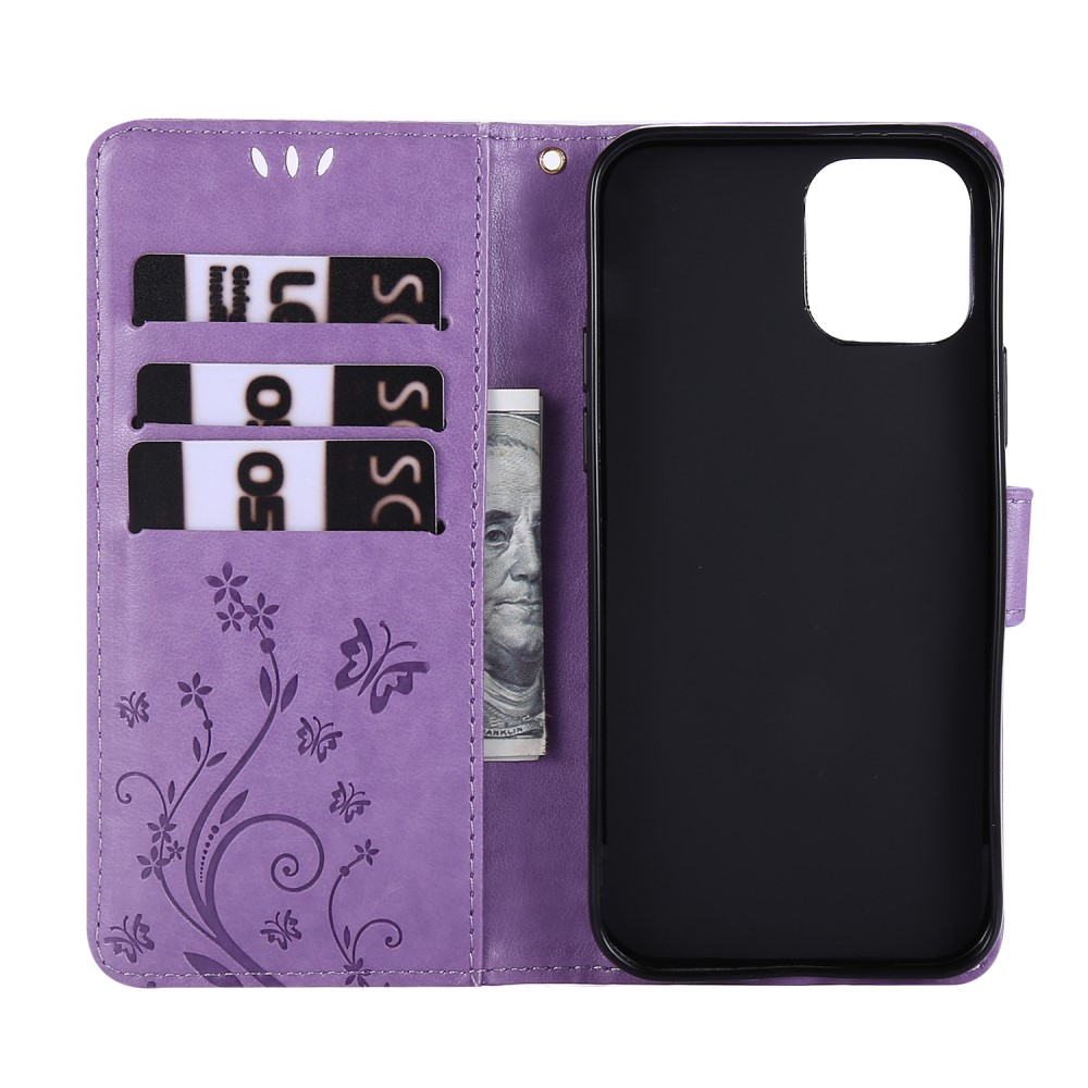 iPhone 12 / iPhone 12 Pro Leder Tasche mit Kartenfach   Handschlaufe Butterfly Flowers - Lila
