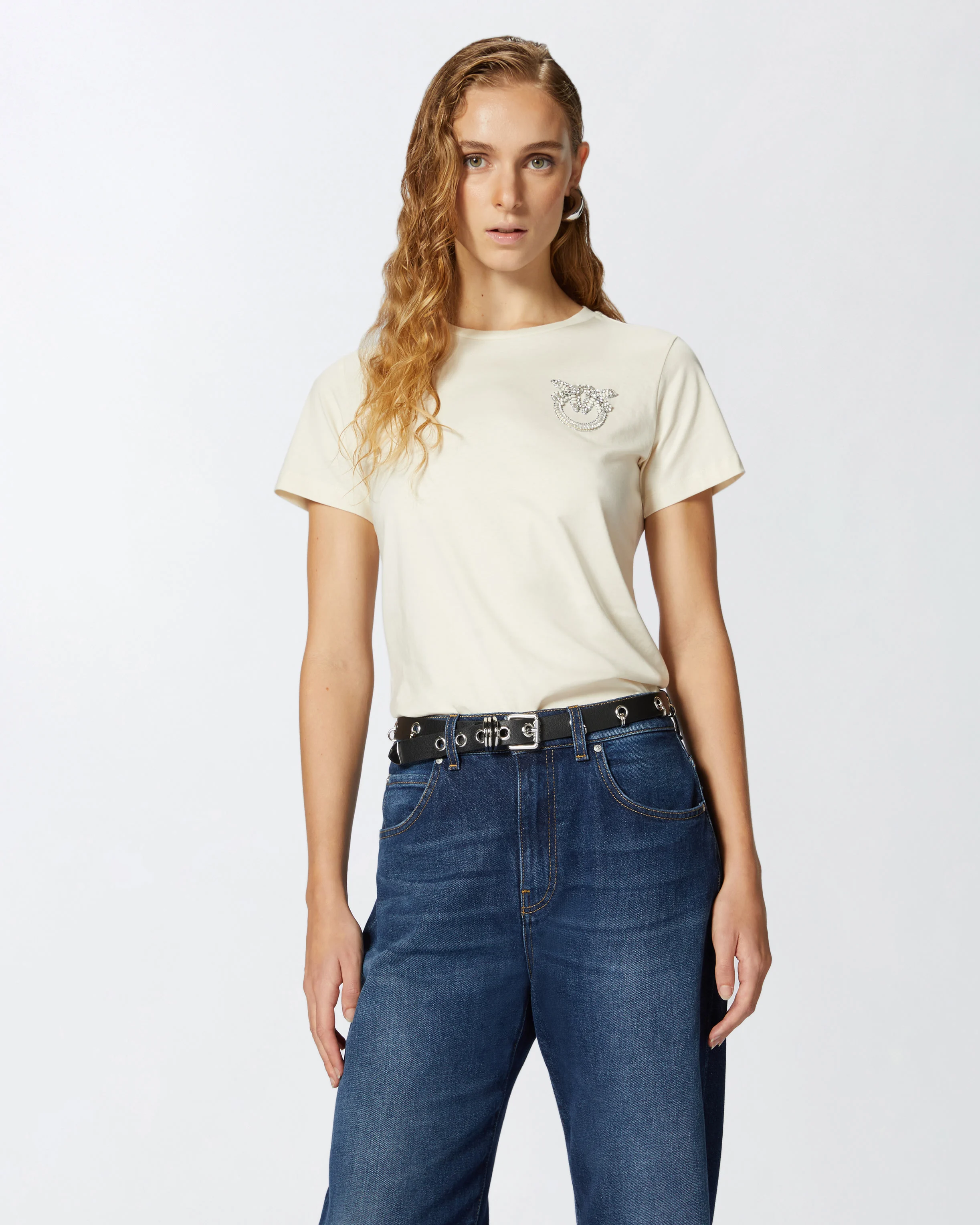 T-shirt à manches courtes avec broderie bijou love birds | Blanc