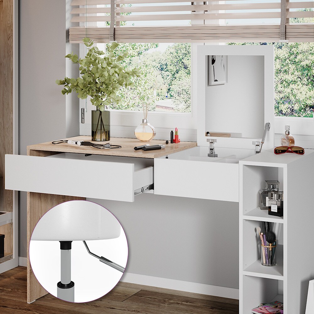 Vicco Schminktisch Kira, 129 x 76 cm, Weiß Sonoma, Frisiertisch, Spiegel, Hocker, modern