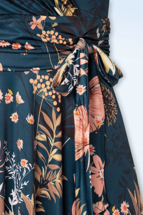 Vintage Chic for Topvintage Irene overslag swingjurk met bloemenprint in petrol blauw