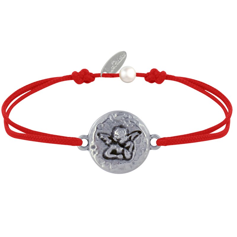 Bracelet Lien Médaille Ronde Martelée Laiton Argenté Ange Raphaël - Rouge