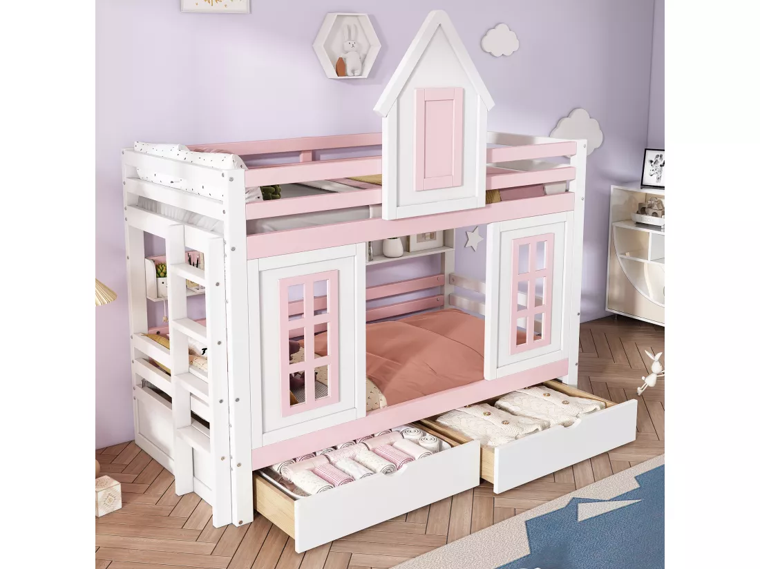 Lits superposés 2 x 90 x 200 cm avec 2 tiroirs, fenêtres et barrières de sécurité - pin + MDF - blanc + rose (sans matelas)