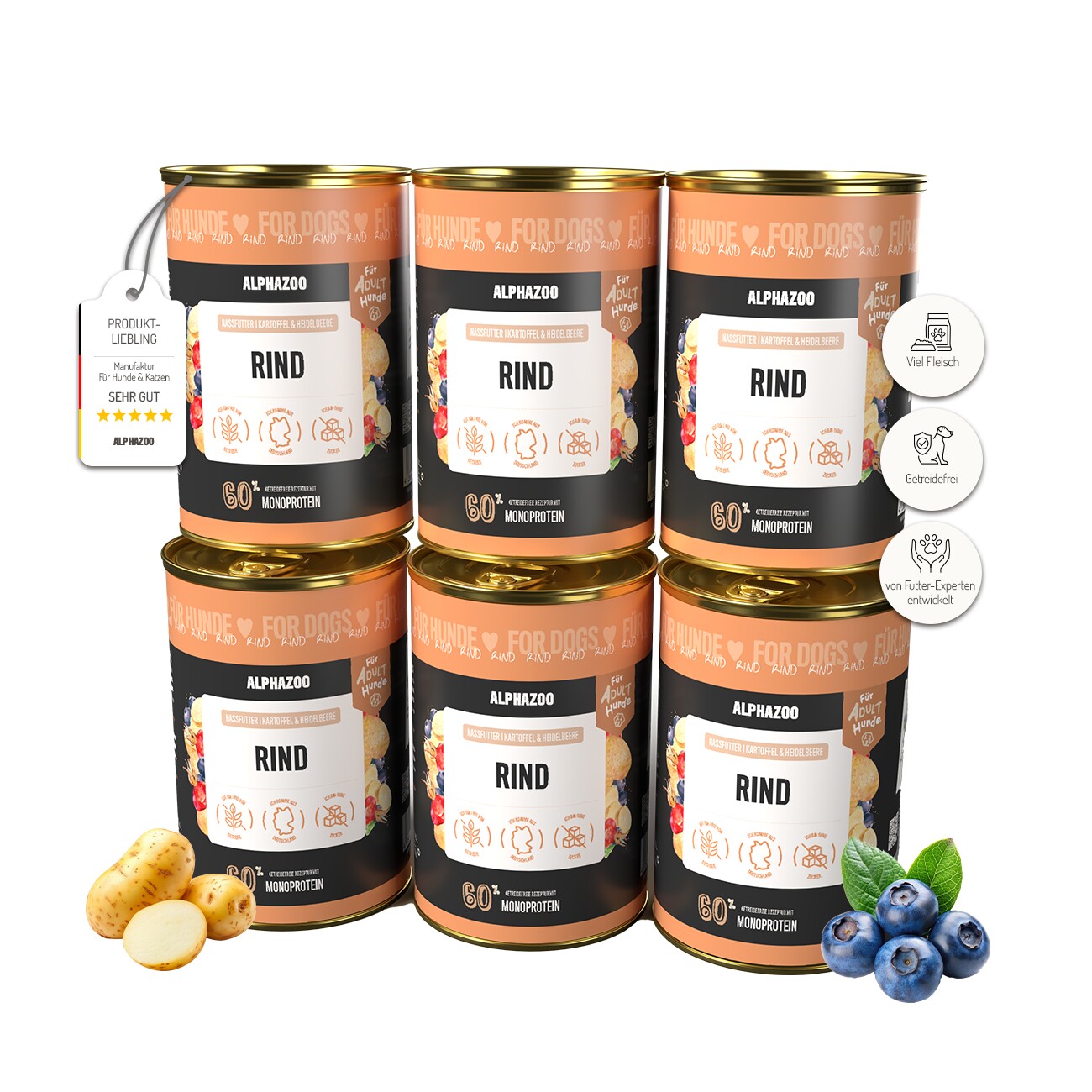 ALPHAZOO Monoprotein Rind 6 x 400g, Nassfutter Rind für Hunde