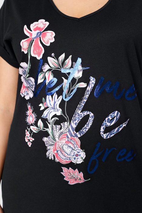 T-Shirt, oversized, Blumendruck, V-Ausschnitt