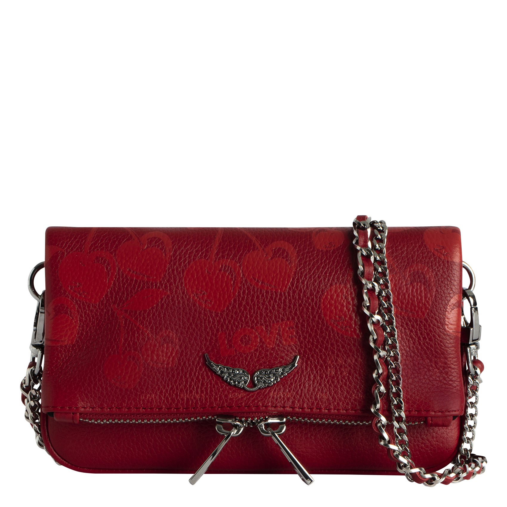 ROCK NANO - Pochette en cuir grainé à motifs cerises | Rouge
