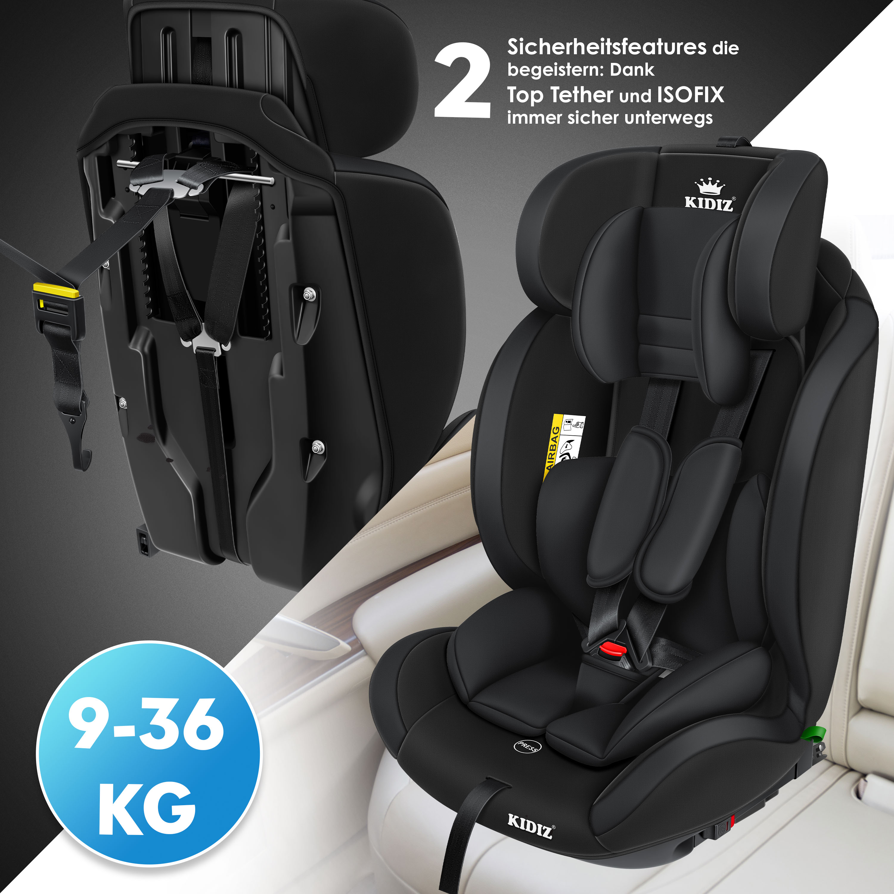 KIDIZ® Autokindersitz Premium Kinderautositz Gruppe 1+2+3, 9-36 kg 5-Punkt-Sicherheitsgurt, Autositz, Kindersitz, Einstellbare Kopfstütze, Mitwachsende Sitzerhöhung 1-12 Jahre, Stabil und Sicher