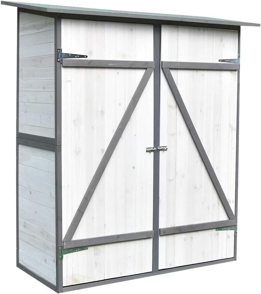 Melko Gartenschrank mit Pultdach und Doppelflügeltür Weiß/Grau Holz Gerätehaus 162 x 140 x 75 cm, inkl. Regal