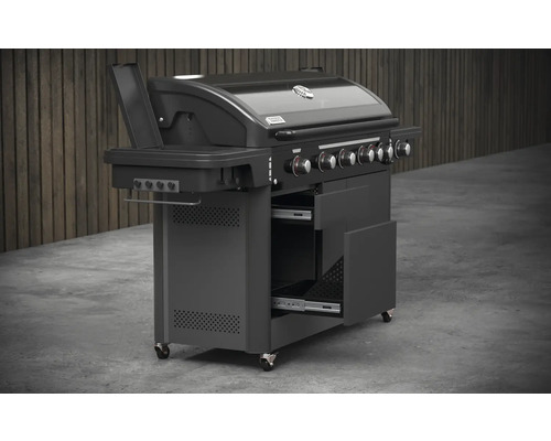 Tenneker® Halo TG-5 U Gasgrill 204,6 x 65,6 x 117 cm 5-pits + zijbrander en achterbrander, gietijzeren rooster, platformsysteem, glazen inzetstuk in het deksel