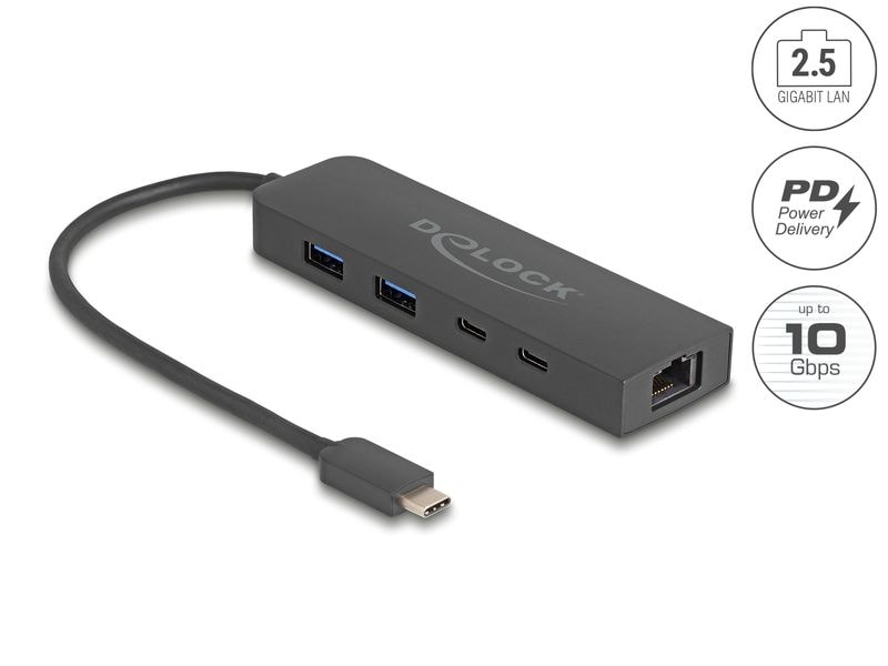Delock USB-Hub USB A/USB C mit 2.5 Gigabit LAN Delock 10 Gbps USB Hub mit 2.5 Gigabit LAN Port und PD 85 W