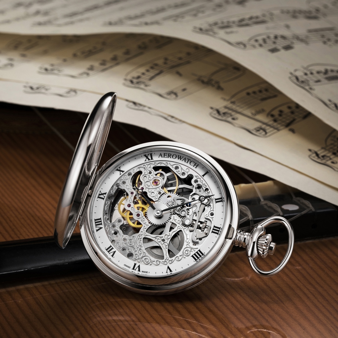 Aerowatch Taschenuhr Savonnette Skeleton Silbrig