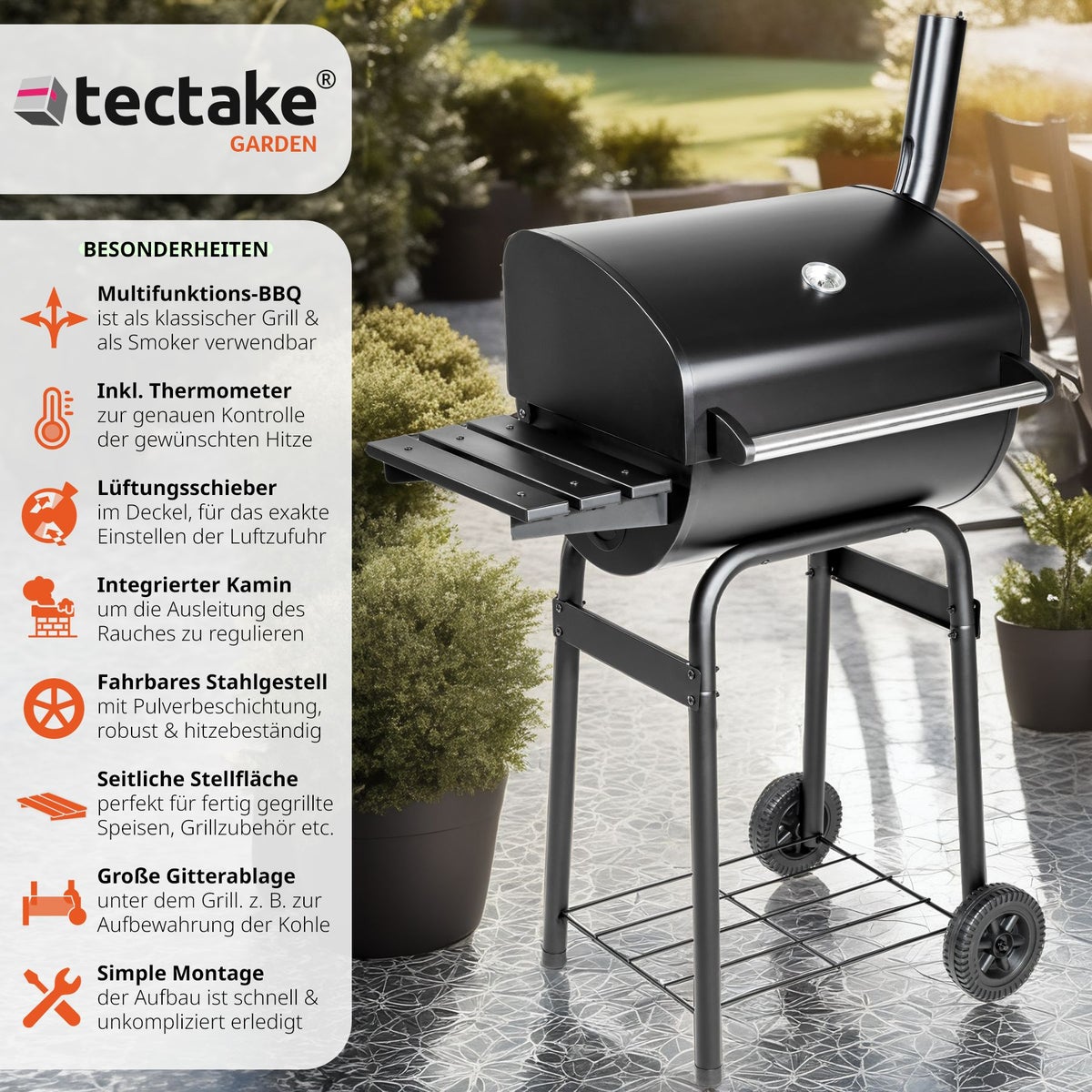 tectake houtskoolgrill met 2 wielen, 85 x 48 x 123 cm