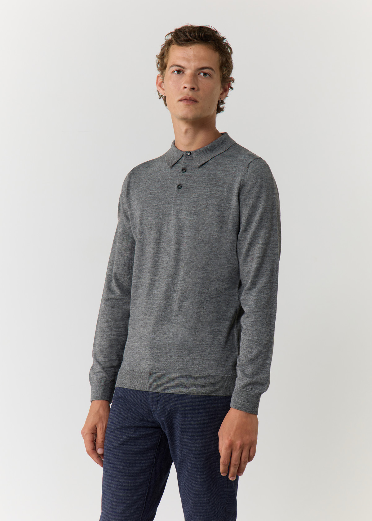 Pull col polo en laine Mérinos mélangée unie gris clair