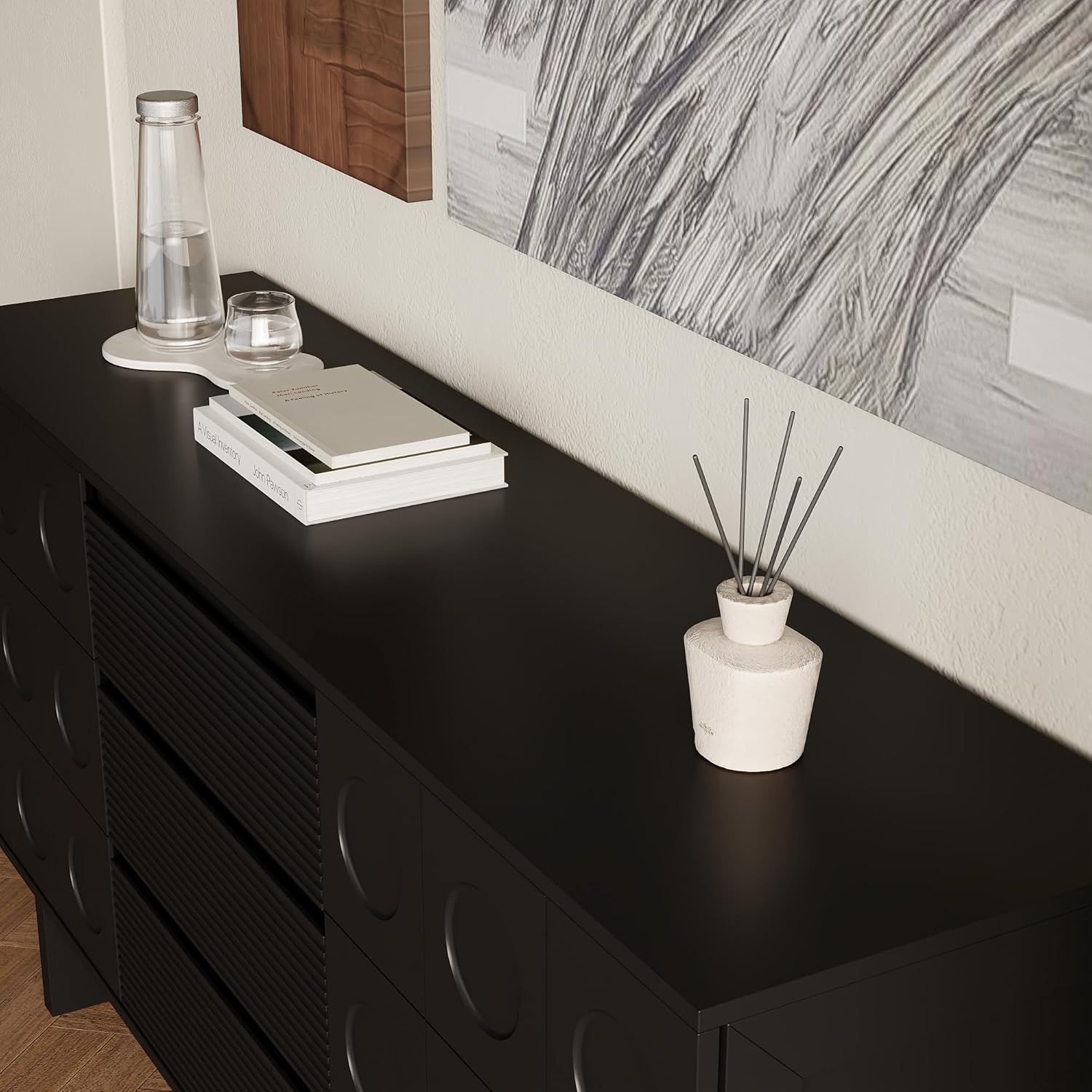 Modernes Sideboard Schwarz 160 x 40 x 80 cm mit 3 Schubladen und 2 Türen – Design-Kommode mit viel Stauraum, Hochwertiger Aufbewahrungsschrank für Wohnzimmer, Esszimmer oder Flur, Belastbar bis 80 kg