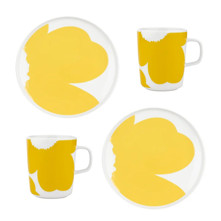 Marimekko - Oiva Iso Unikko Teller & Becher, Ø 25 cm & 250 ml, weiss / spring yellow (4er-Set)