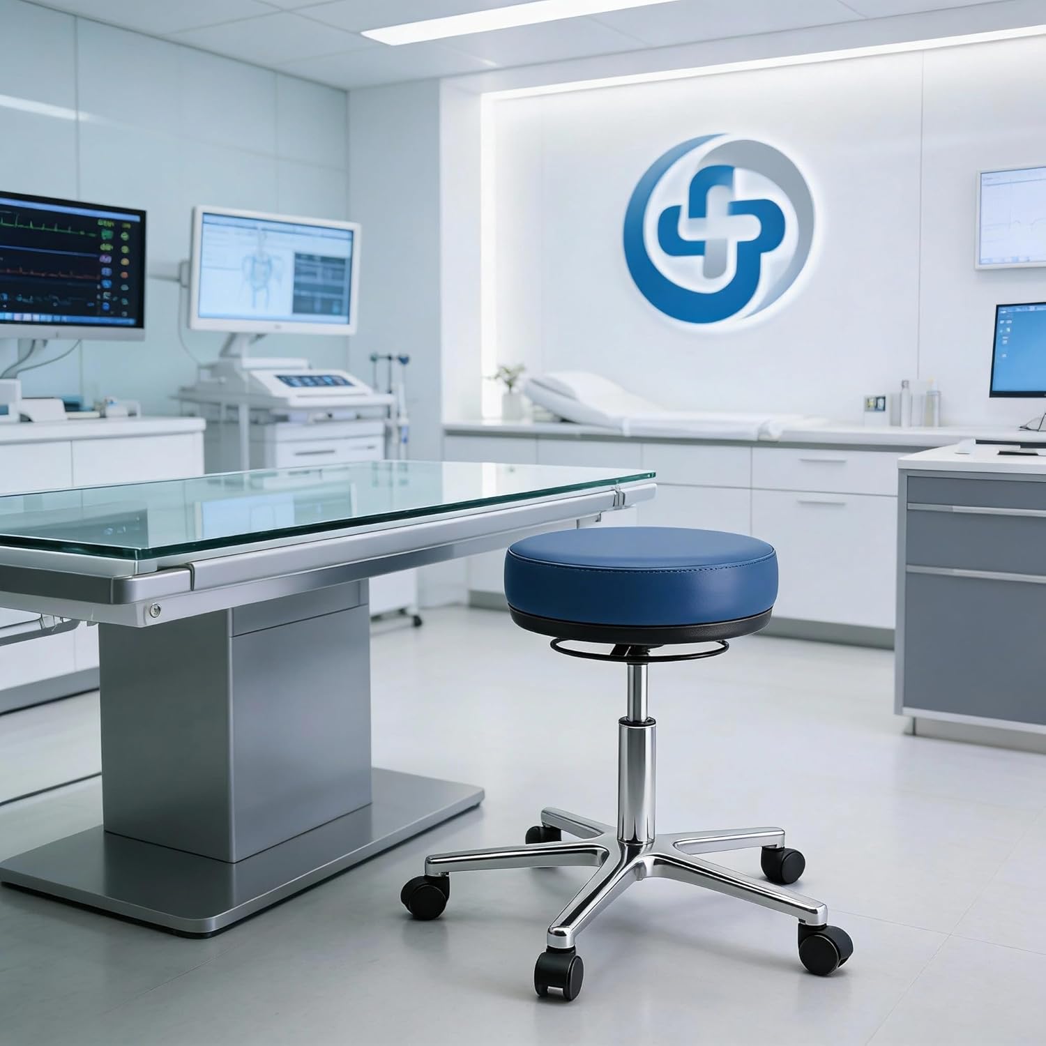 VERSEE Höhenverstellbarer Arbeitshocker LIBER aus Echt-Leder - Blau - Komfortable Polsterung - Belastbar bis 150kg - Ideal für Büro und Praxis