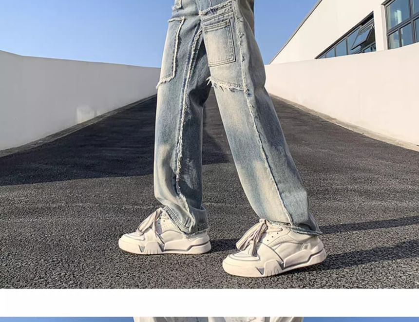 Savenne - Mid Rise Washed Distressed Wide Leg Jeans