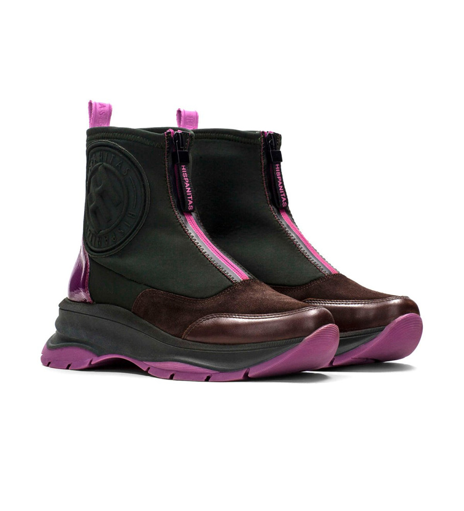 Tênis Hispanitas Alaska Forest Sport em couro, preto e lilás - Salto plataforma de 4,5 cm -